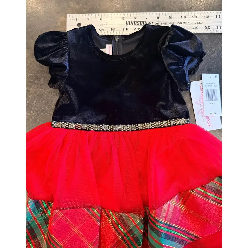 Bonnie Jean Red Velvet & Plaid Tiered Holiday Dress Girls New Christmas Size 4